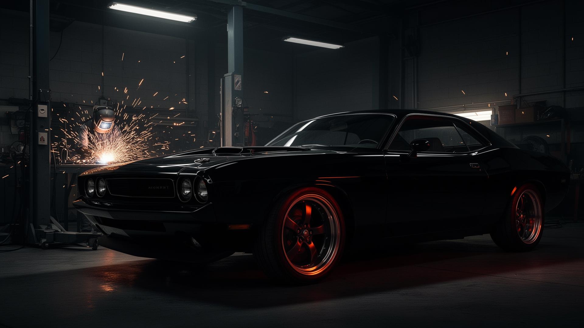 Black muscle car under repair in Daniel's Collision shop